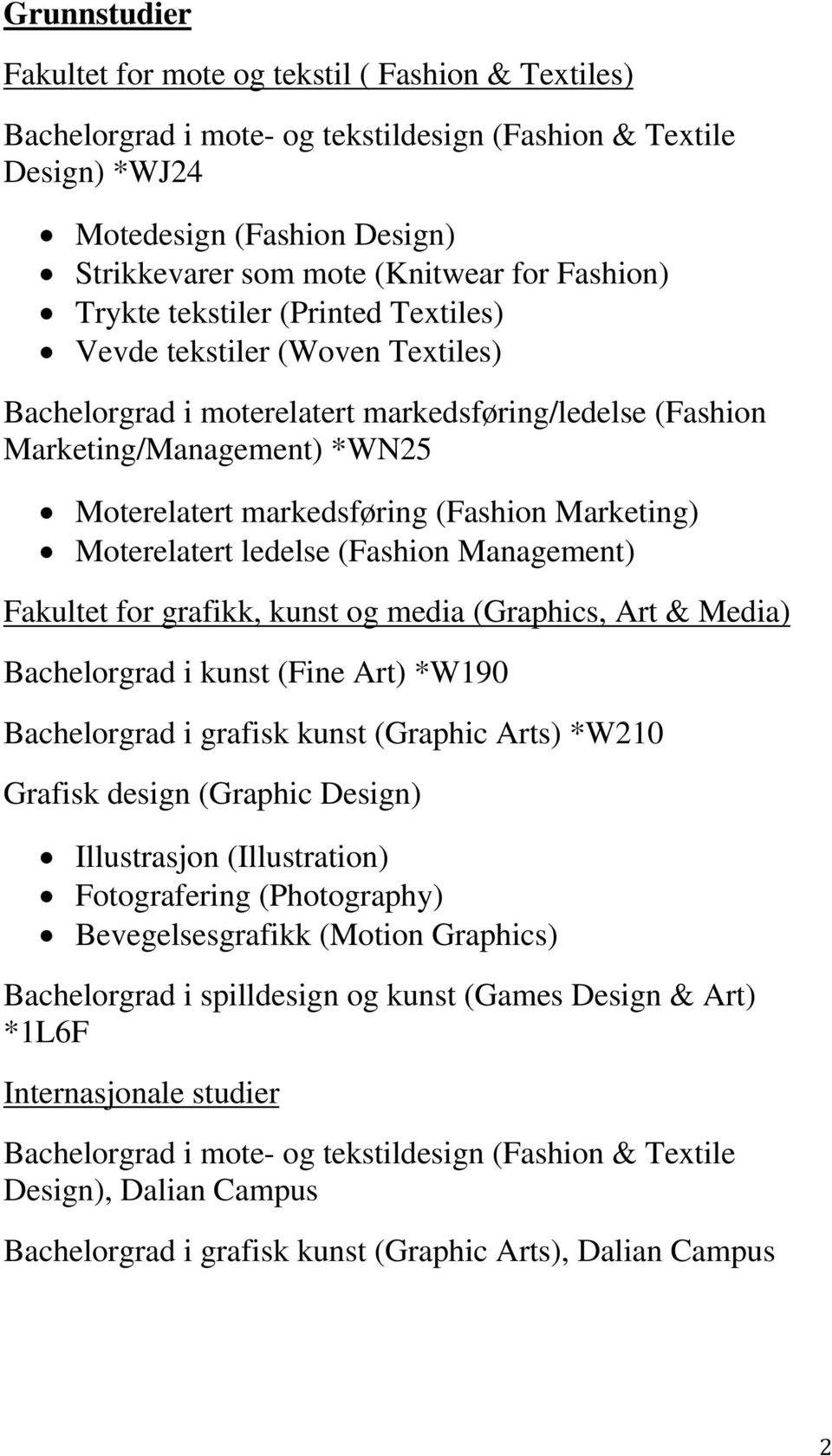 (Fashion Marketing) Moterelatert ledelse (Fashion Management) Fakultet for grafikk, kunst og media (Graphics, Art & Media) Bachelorgrad i kunst (Fine Art) *W190 Bachelorgrad i grafisk kunst (Graphic