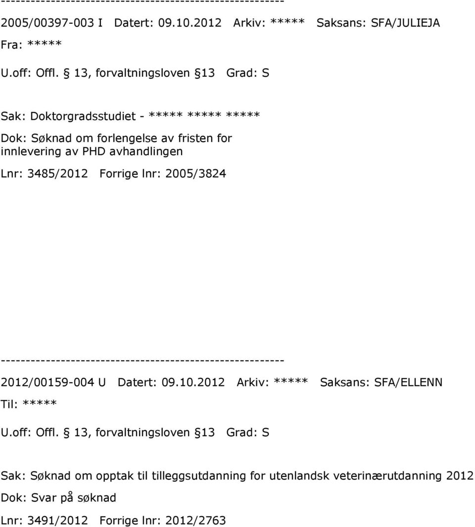 forlengelse av fristen for innlevering av PHD avhandlingen Lnr: 3485/2012 Forrige lnr: 2005/3824 2012/00159-004 U