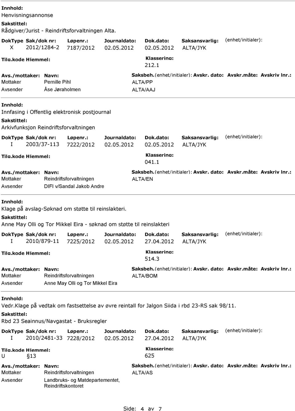 : ALTA/EN Avsender DF v/sandal Jakob Andre Klage på avslag-søknad om støtte til reinslakteri. Anne May Olli og Tor Mikkel Eira - søknad om støtte til reinslakteri 2010/879-11 7225/2012 514.3 Avs.