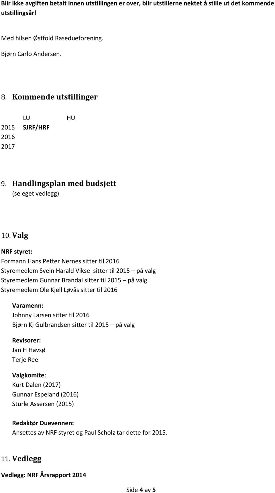 Valg NRF styret: Formann Hans Petter Nernes sitter til 2016 Styremedlem Svein Harald Vikse sitter til 2015 på valg Styremedlem Gunnar Brandal sitter til 2015 på valg Styremedlem Ole Kjell Løvås