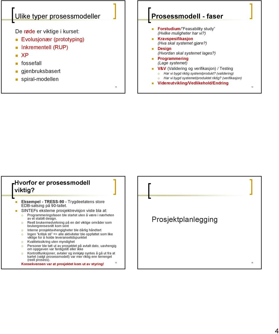 ) Programmering (Lage systemet) V&V (Validering og verifikasjon) / Testing Har vi bygd riktig system/produkt? (validering) Har vi bygd systemet/produktet riktig?