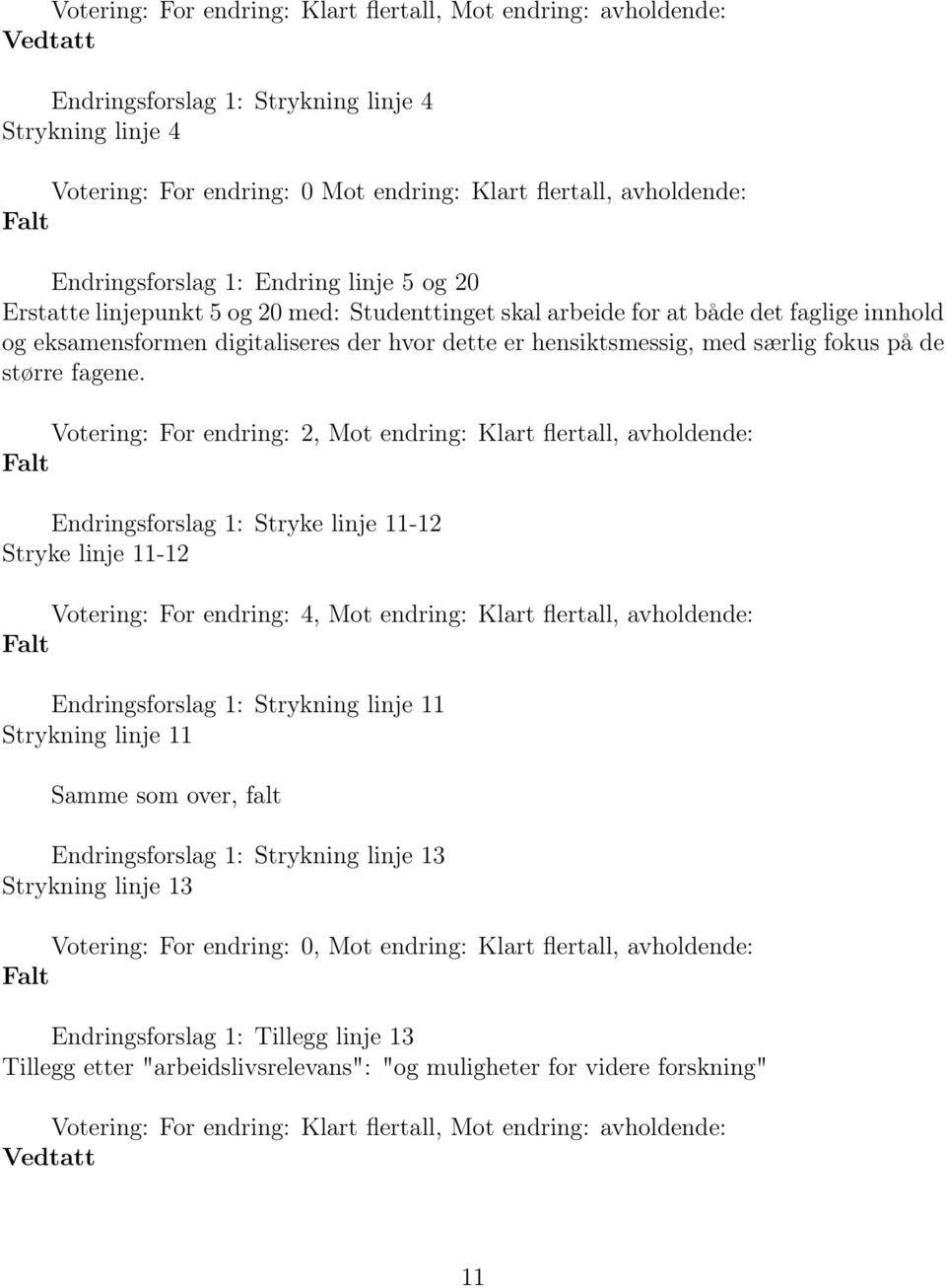 Votering: For endring: 2, Mot endring: Klart flertall, avholdende: Endringsforslag 1: Stryke linje 11-12 Stryke linje 11-12 Votering: For endring: 4, Mot endring: Klart flertall, avholdende: