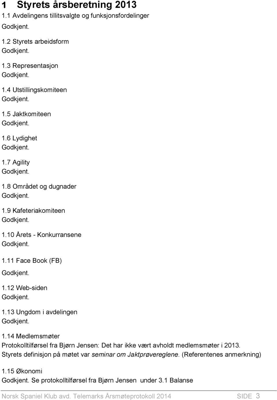 13 Ungdom i avdelingen 1.14 Medlemsmøter Protokolltilførsel fra Bjørn Jensen: Det har ikke vært avholdt medlemsmøter i 2013.