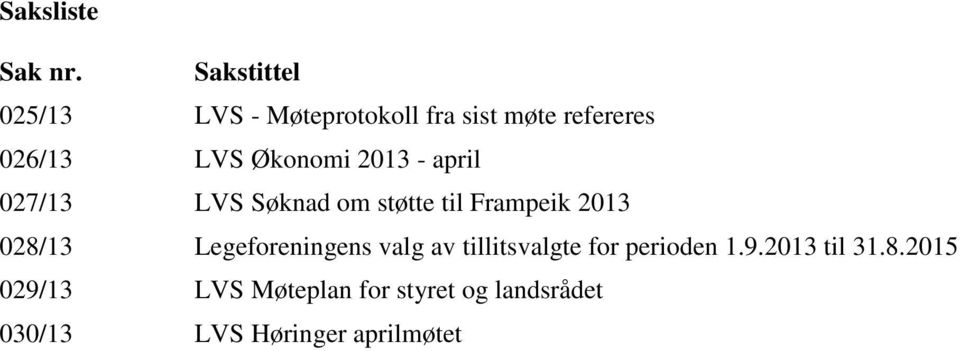 Økonomi 2013 - april 027/13 LVS Søknad om støtte til Frampeik 2013 028/13