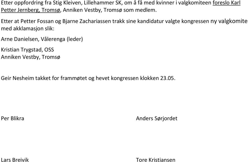 Etter at Petter Fossan og Bjarne Zachariassen trakk sine kandidatur valgte kongressen ny valgkomite med akklamasjon slik:
