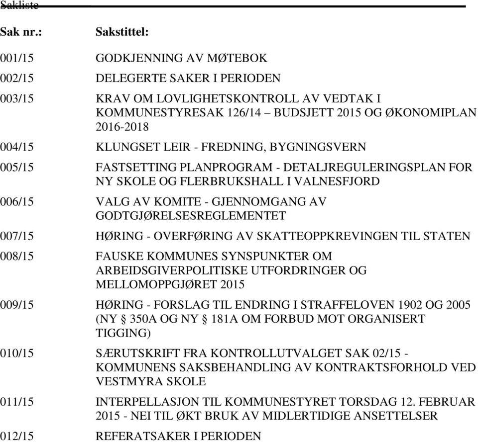 KLUNGSET LEIR - FREDNING, BYGNINGSVERN 005/15 FASTSETTING PLANPROGRAM - DETALJREGULERINGSPLAN FOR NY SKOLE OG FLERBRUKSHALL I VALNESFJORD 006/15 VALG AV KOMITE - GJENNOMGANG AV