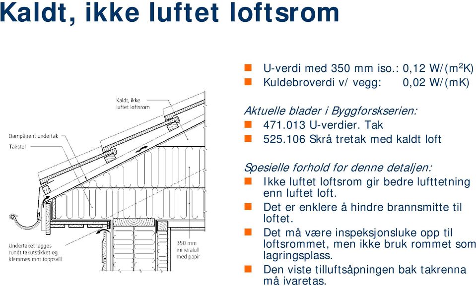 106 Skrå tretak med kaldt loft Spesielle forhold for denne detaljen: Ikke luftet loftsrom gir bedre lufttetning enn