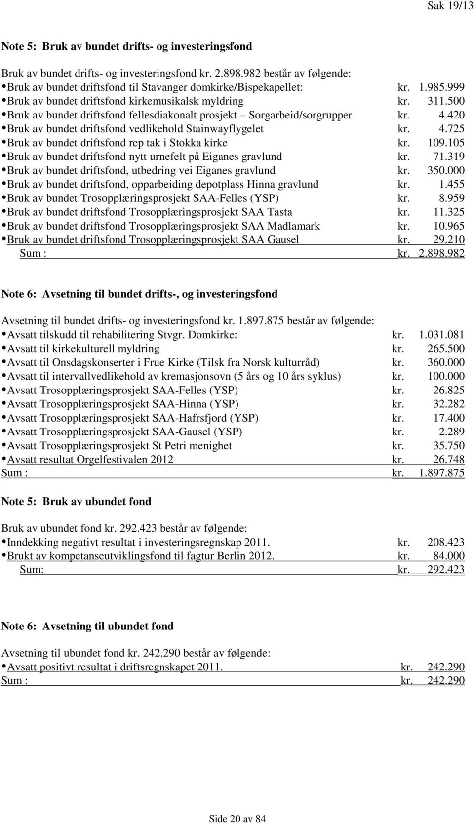 500 Bruk av bundet driftsfond fellesdiakonalt prosjekt Sorgarbeid/sorgrupper kr. 4.420 Bruk av bundet driftsfond vedlikehold Stainwayflygelet kr. 4.725 Bruk av bundet driftsfond rep tak i Stokka kirke kr.