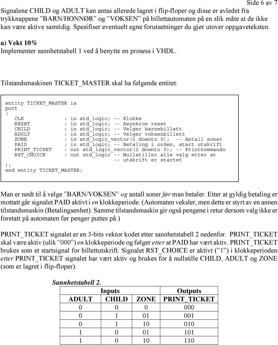 Tilstandsmaskinen TIKET_MSTER skal ha følgende entitet: entity TIKET_MSTER is port ( LK : in std_logic; -- Klokke RESET : in std_logic; -- synkron reset HIL : in std_logic; -- Velger barnebillett ULT