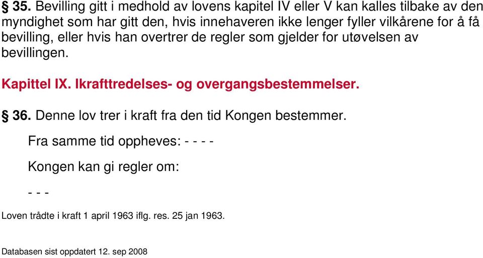 Kapittel IX. Ikrafttredelses- og overgangsbestemmelser. 36. Denne lov trer i kraft fra den tid Kongen bestemmer.