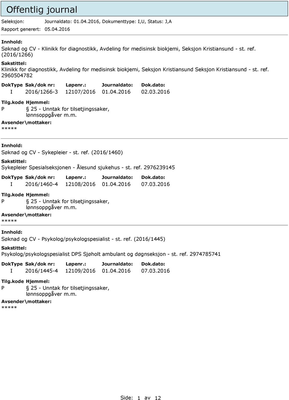 (2016/1266) Klinikk for diagnostikk, Avdeling for medisinsk biokjemi, Seksjon Kristiansund Seksjon Kristiansund - st. ref. 2960504782 2016/1266-3 12107/2016 02.03.