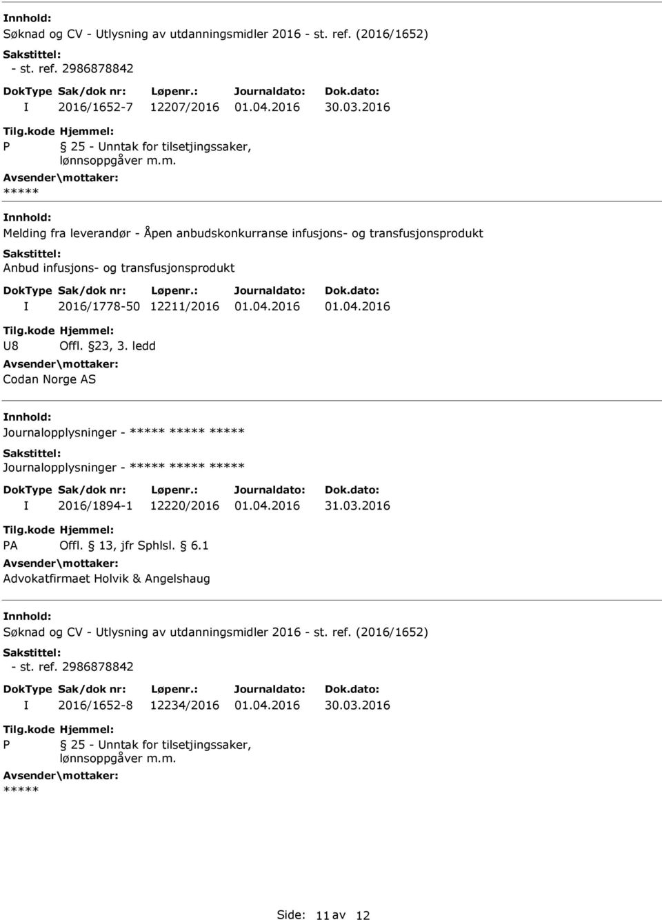 12211/2016 U8 Offl. 23, 3. ledd Codan Norge AS nnhold: Journalopplysninger - Journalopplysninger - 2016/1894-1 12220/2016 31.03.2016 A Offl. 13, jfr Sphlsl.