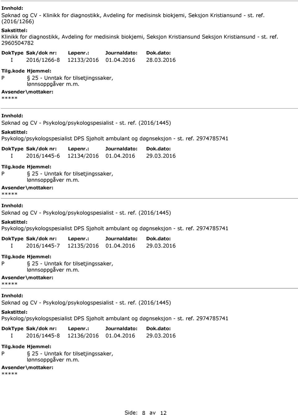 2016 nnhold: Søknad og CV - sykolog/psykologspesialist - st. ref. (2016/1445) sykolog/psykologspesialist DS Sjøholt ambulant og døgnseksjon - st. ref. 2974785741 2016/1445-6 12134/2016 29.03.