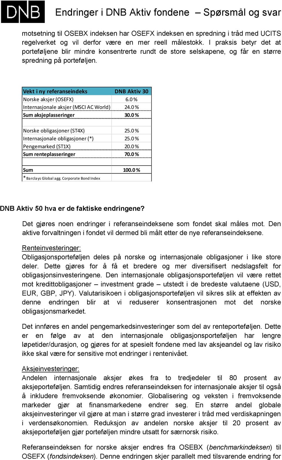 0 % DNB Aktiv 50 hva er de faktiske endringene? Det innføres en andel pengemarkedsinvesteringer som del av renteporteføljen.