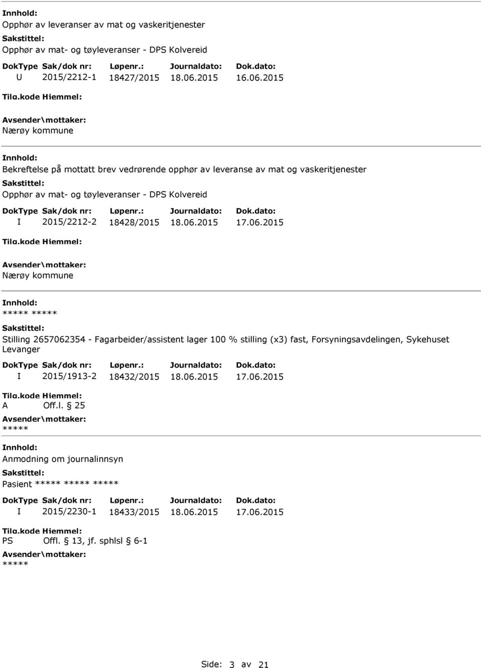 Kolvereid 2015/2212-2 18428/2015 Nærøy kommune Stilling 2657062354 - Fagarbeider/assistent lager 100 % stilling (x3) fast,