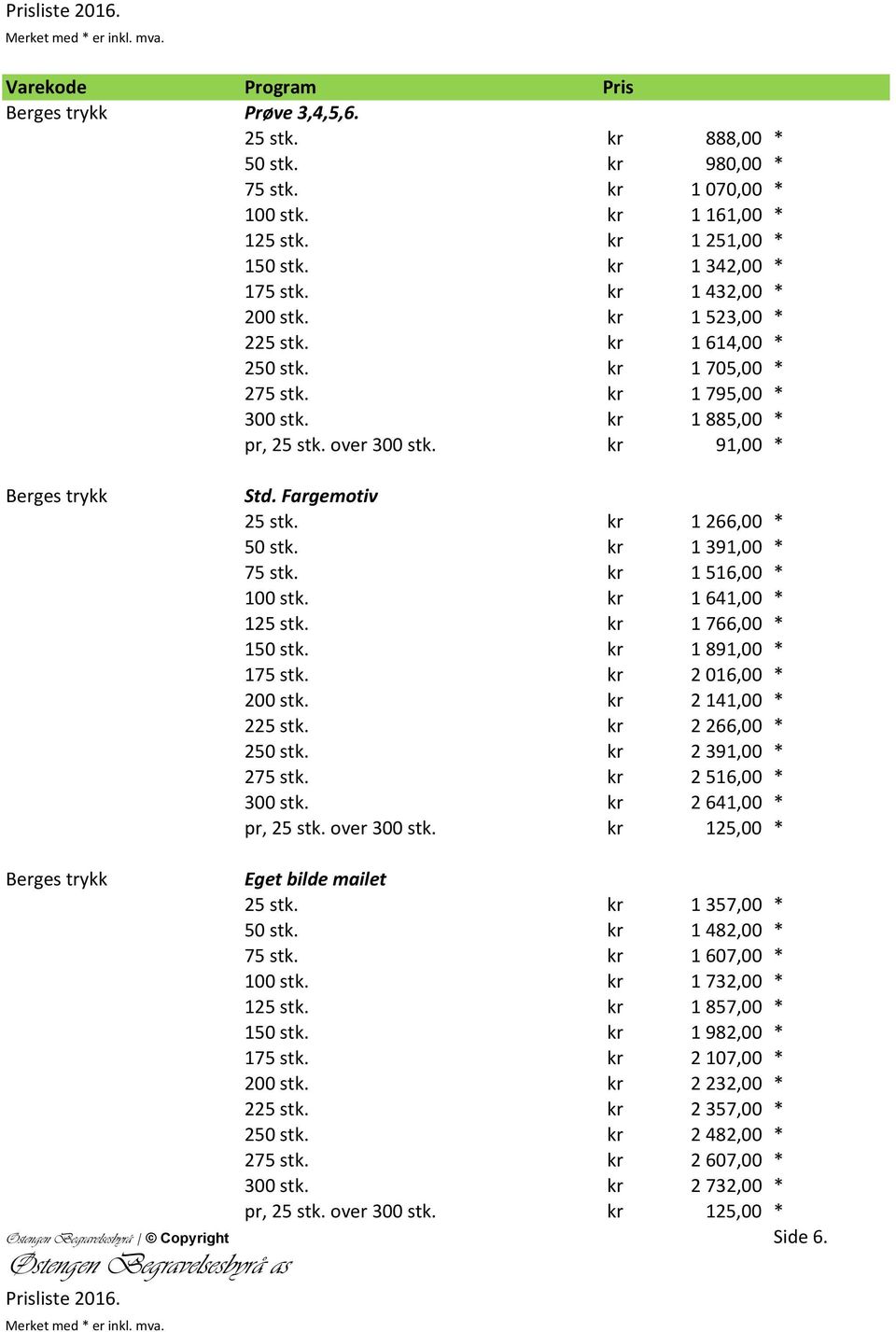 kr 1 391,00 * 75 stk. kr 1 516,00 * 100 stk. kr 1 641,00 * 125 stk. kr 1 766,00 * 150 stk. kr 1 891,00 * 175 stk. kr 2 016,00 * 200 stk. kr 2 141,00 * 225 stk. kr 2 266,00 * 250 stk.