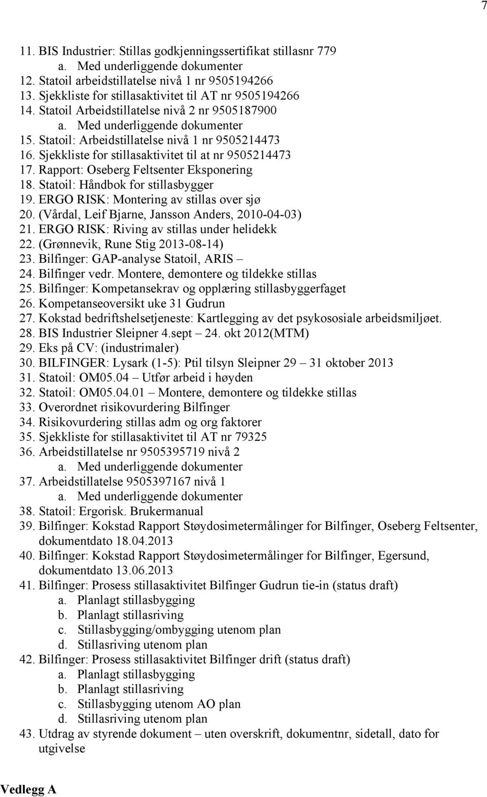 Rapport: Oseberg Feltsenter Eksponering 18. Statoil: Håndbok for stillasbygger 19. ERGO RISK: Montering av stillas over sjø 20. (Vårdal, Leif Bjarne, Jansson Anders, 2010-04-03) 21.