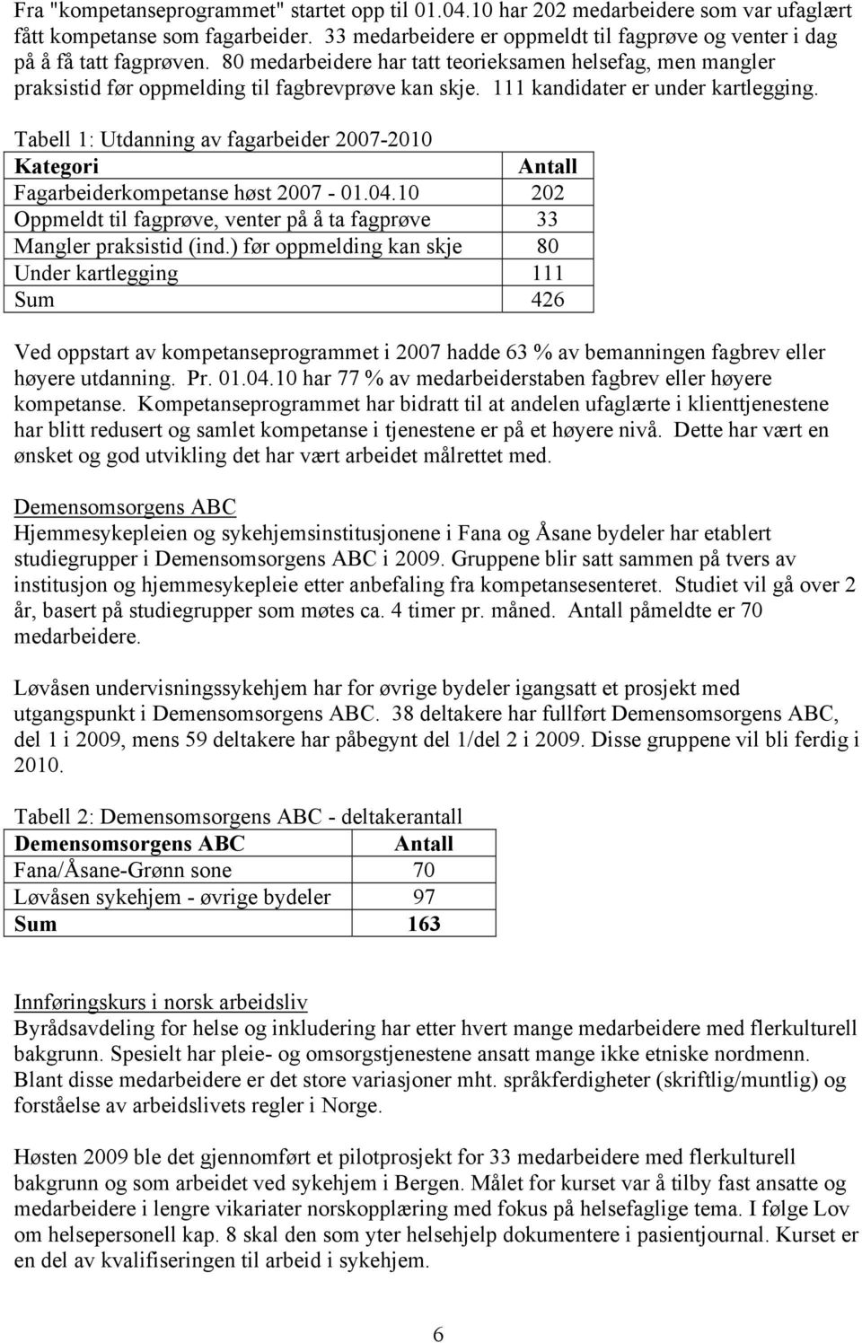 111 kandidater er under kartlegging. Tabell 1: Utdanning av fagarbeider 2007-2010 Kategori Antall Fagarbeiderkompetanse høst 2007-01.04.