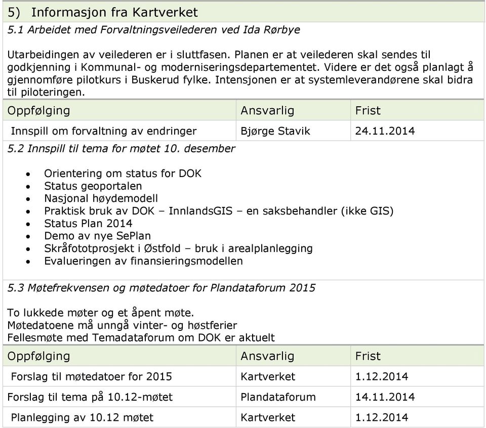 Intensjonen er at systemleverandørene skal bidra til piloteringen. Innspill om forvaltning av endringer Bjørge Stavik 24.11.2014 5.2 Innspill til tema for møtet 10.