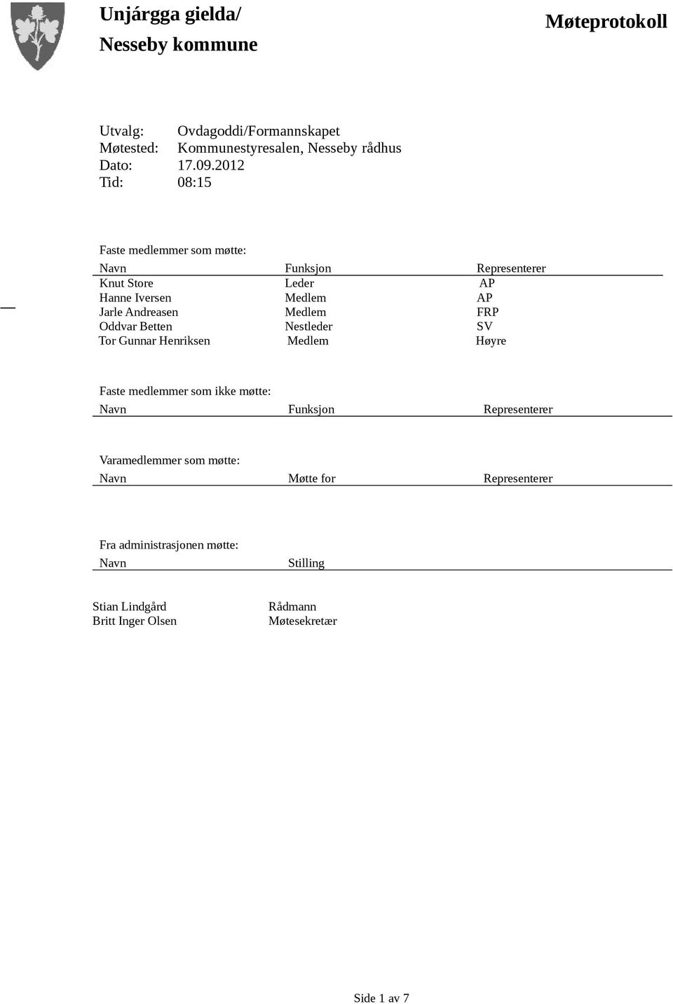 2012 Tid: 08:15 Faste medlemmer som møtte: Navn Funksjon Representerer Knut Store Hanne Iversen Leder Medlem AP AP Jarle Andreasen Oddvar