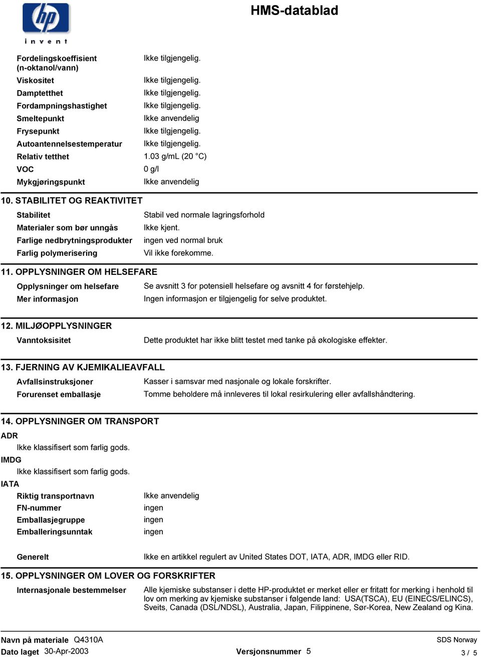 11. OPPLYSNINGER OM HELSEFARE Opplysninger om helsefare Mer informasjon Se avsnitt 3 for potensiell helsefare og avsnitt 4 for førstehjelp. Ingen informasjon er tilgjengelig for selve produktet. 12.