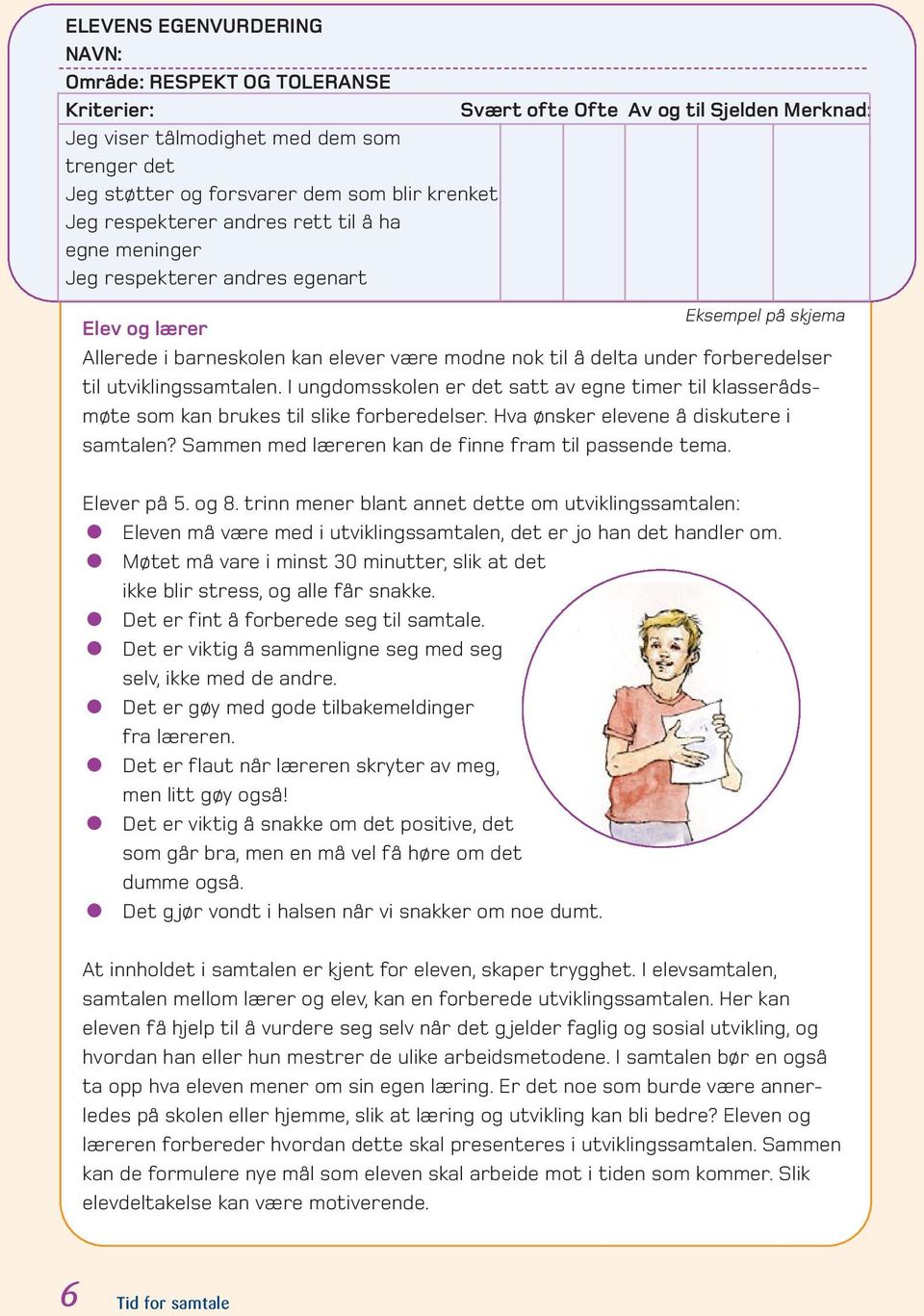 forberedelser til utviklingssamtalen. I ungdomsskolen er det satt av egne timer til klasserådsmøte som kan brukes til slike forberedelser. Hva ønsker elevene å diskutere i samtalen?