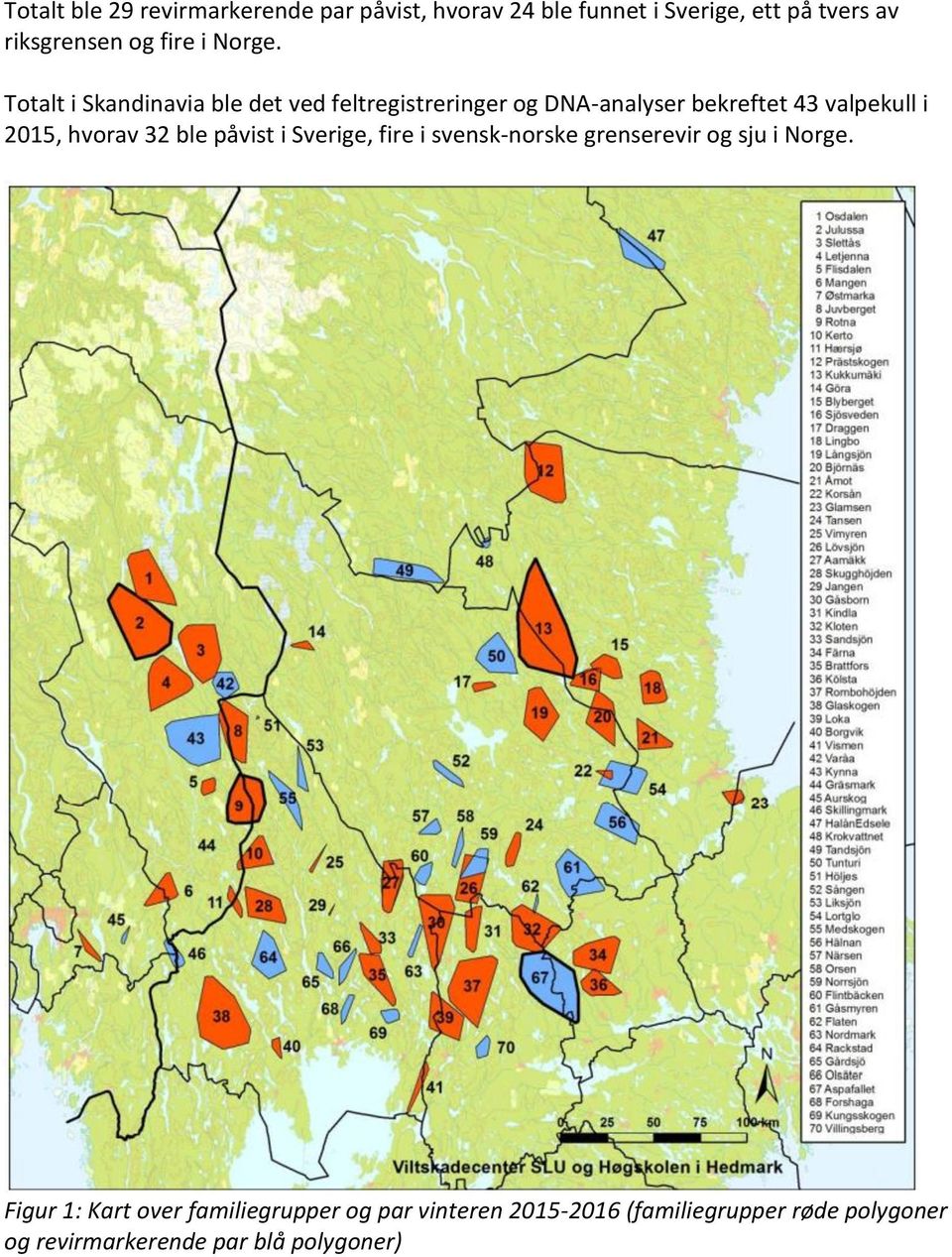 Totalt i Skandinavia ble det ved feltregistreringer og DNA-analyser bekreftet 43 valpekull i 2015, hvorav