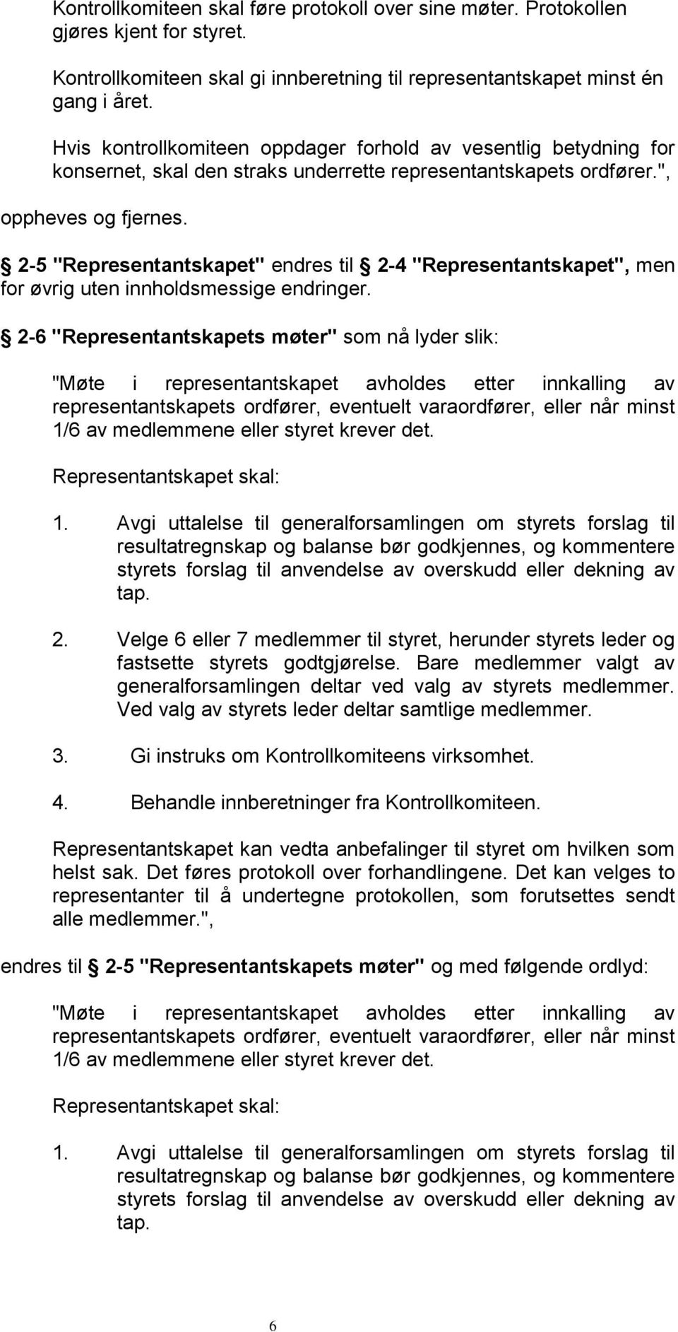 2-5 "Representantskapet" endres til 2-4 "Representantskapet", men for øvrig uten innholdsmessige endringer.