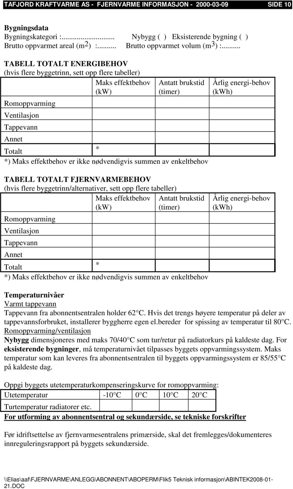 ikke nødvendigvis summen av enkeltbehov TABELL TOTALT FJERNVARMEBEHOV (hvis flere byggetrinn/alternativer, sett opp flere tabeller) Maks effektbehov Antatt brukstid (kw) (timer) Romoppvarming