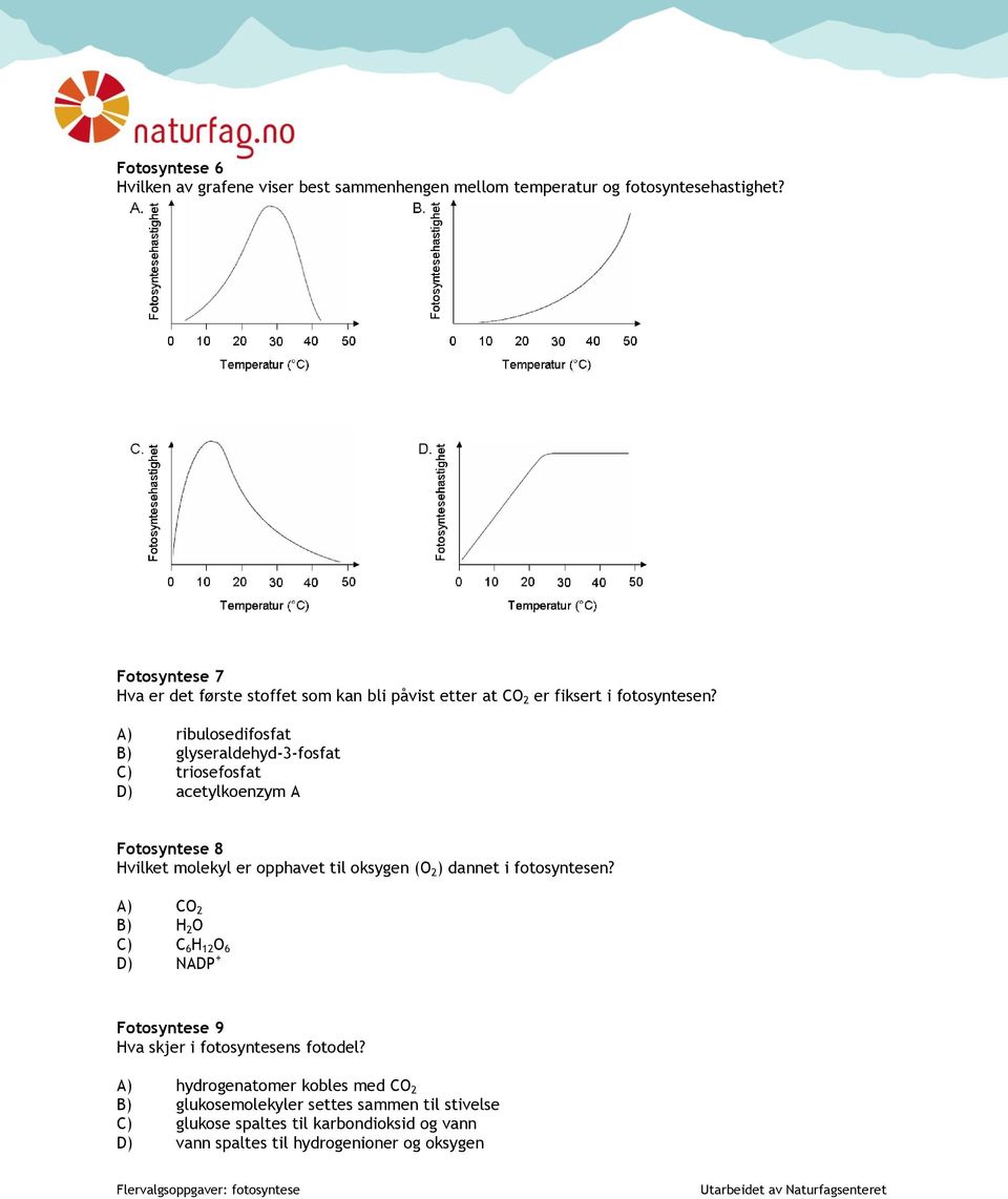 A) ribulosedifosfat B) glyseraldehyd-3-fosfat C) triosefosfat D) acetylkoenzym A Fotosyntese 8 Hvilket molekyl er opphavet til oksygen (O 2 ) dannet i