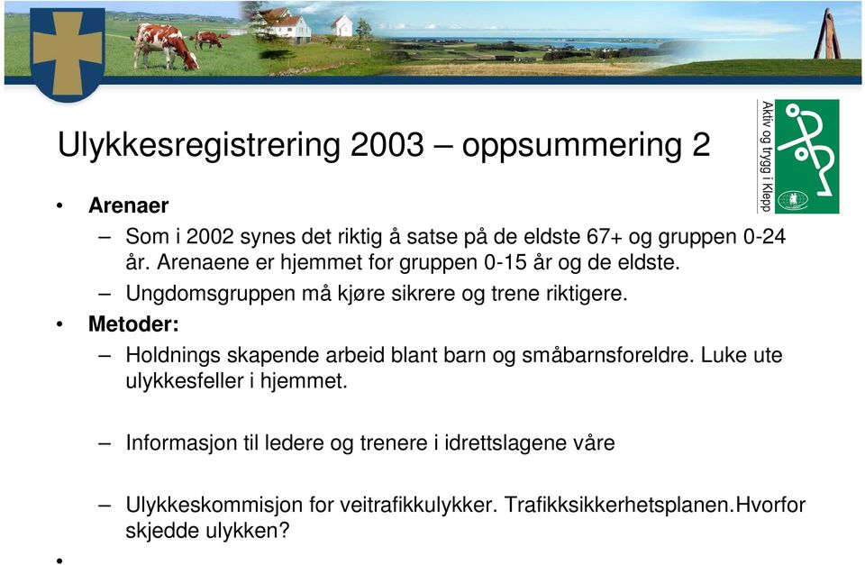 Metoder: Holdnings skapende arbeid blant barn og småbarnsforeldre. Luke ute ulykkesfeller i hjemmet.