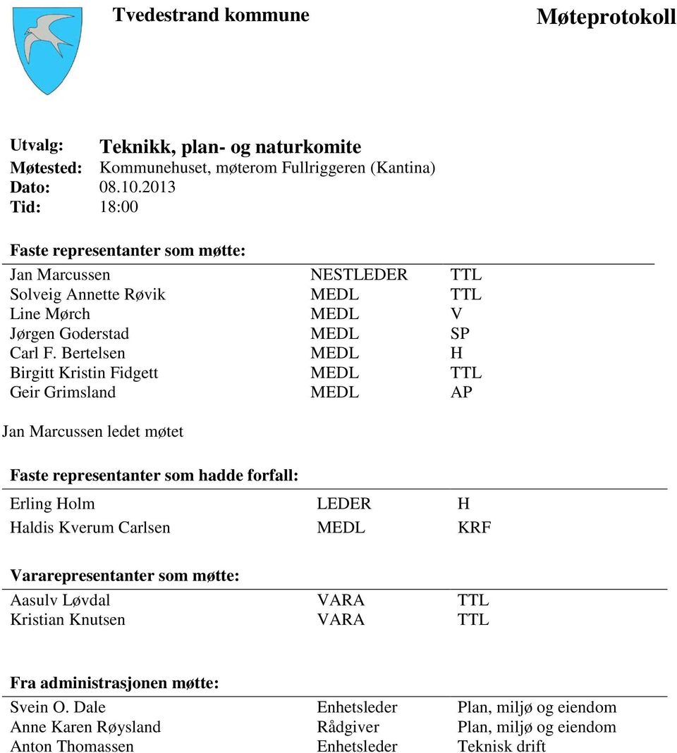 Bertelsen MEDL H Birgitt Kristin Fidgett MEDL Geir Grimsland MEDL AP Jan Marcussen ledet møtet Faste representanter som hadde forfall: Erling Holm Haldis Kverum Carlsen LEDER