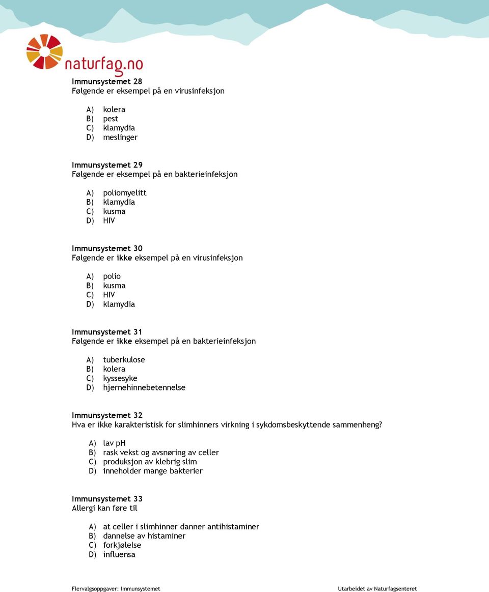 B) kolera C) kyssesyke D) hjernehinnebetennelse Immunsystemet 32 Hva er ikke karakteristisk for slimhinners virkning i sykdomsbeskyttende sammenheng?