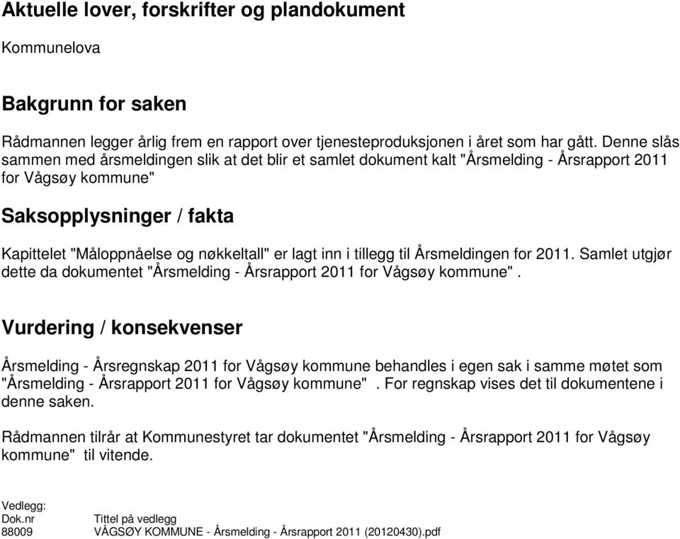 inn i tillegg til Årsmeldingen for 2011. Samlet utgjør dette da dokumentet "Årsmelding - Årsrapport 2011 for Vågsøy kommune".