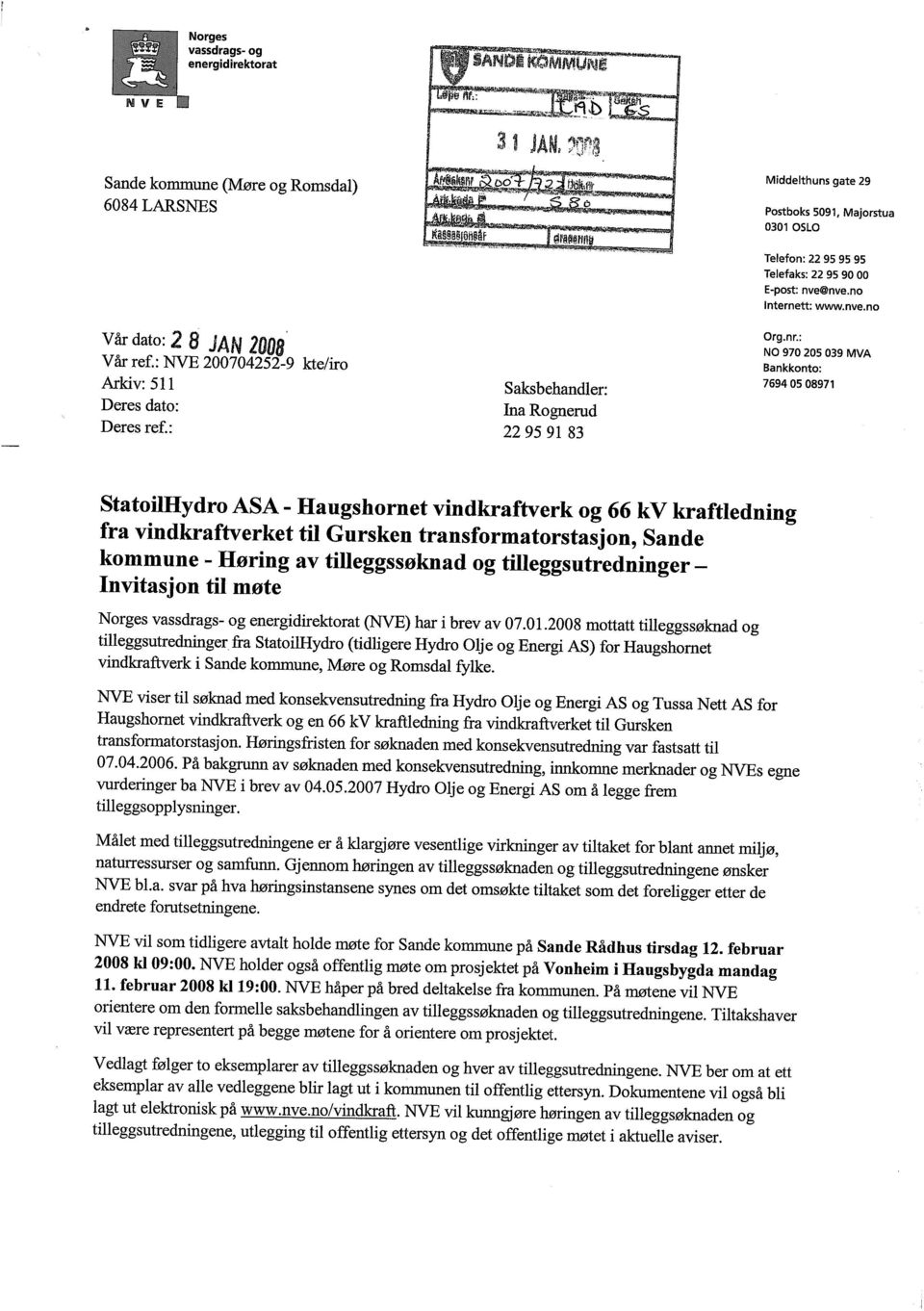: NO 970 205 039 MVA Bankkonto: 7694 05 08971 StatoilHydro ASA - Haugshornet vindkraftverk og 66 kv kraftledning fra vindkraftverket til Gursken transformatorstasjon, Sande kommune - Høring av