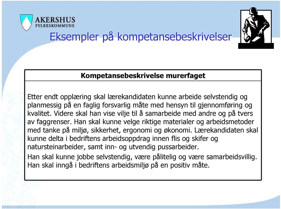 Han skal kunne velge riktige materialer og arbeidsmetoder med tanke på miljø, sikkerhet, ergonomi og økonomi.