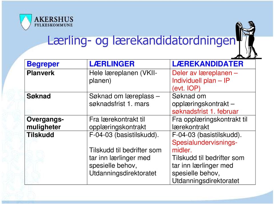 Tilskudd til bedrifter som tar inn lærlinger med spesielle behov, Utdanningsdirektoratet Deler av læreplanen Individuell plan IP (evt.