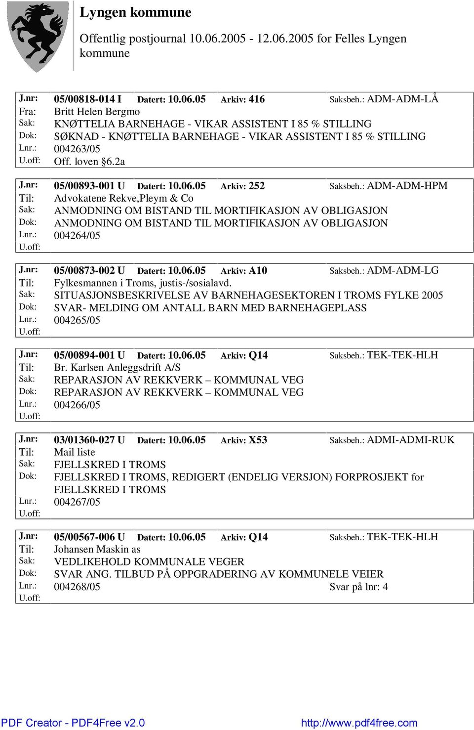 nr: 05/00873-002 U Datert: 10.06.05 Arkiv: A10 Saksbeh.: ADM-ADM-LG Til: Fylkesmannen i Troms, justis-/sosialavd.