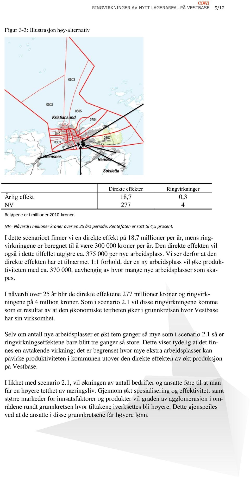 I dette scenarioet finner vi en direkte effekt på 18,7 millioner per år, mens ringvirkningene er beregnet til å være 300 000 kroner per år. Den direkte effekten vil også i dette tilfellet utgjøre ca.