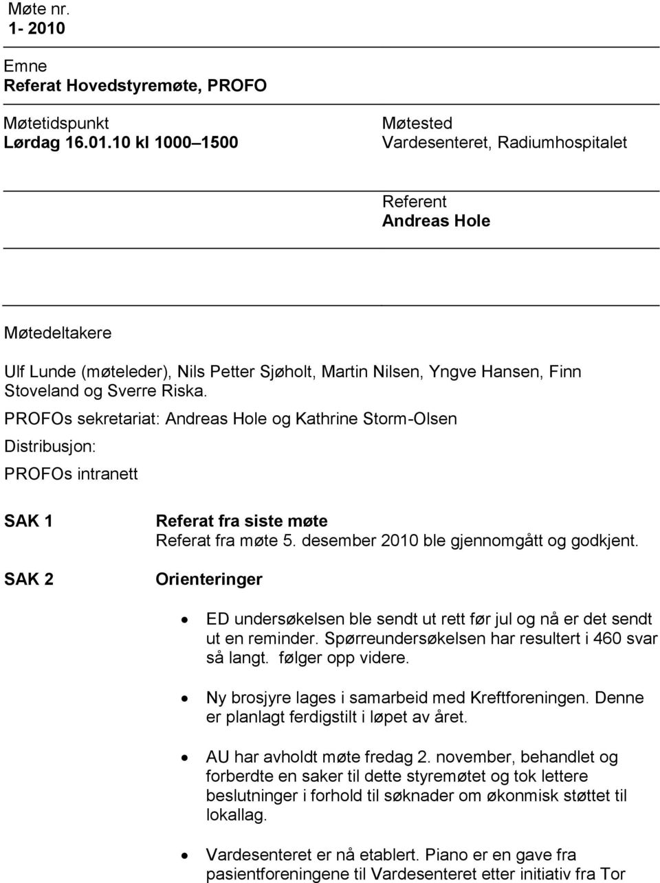 10 kl 1000 1500 Møtested Vardesenteret, Radiumhospitalet Referent Andreas Hole Møtedeltakere Ulf Lunde (møteleder), Nils Petter Sjøholt, Martin Nilsen, Yngve Hansen, Finn Stoveland og Sverre Riska.