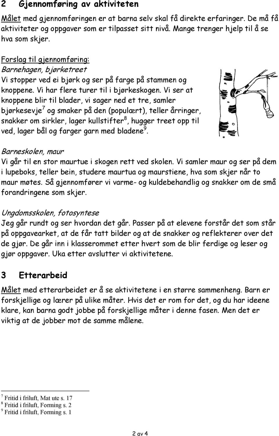 Vi ser at knoppene blir til blader, vi sager ned et tre, samler bjørkesevje 7 og smaker på den (populært), teller årringer, snakker om sirkler, lager kullstifter 8, hugger treet opp til ved, lager