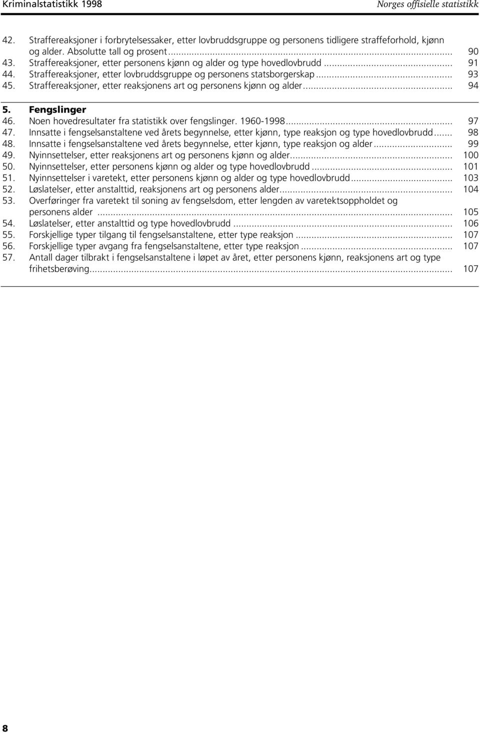 Straffereaksjoner, etter reaksjonens art og personens kjønn og alder... 94 5. Fengslinger 46. Noen hovedresultater fra statistikk over fengslinger. 1960-1998... 97 47.