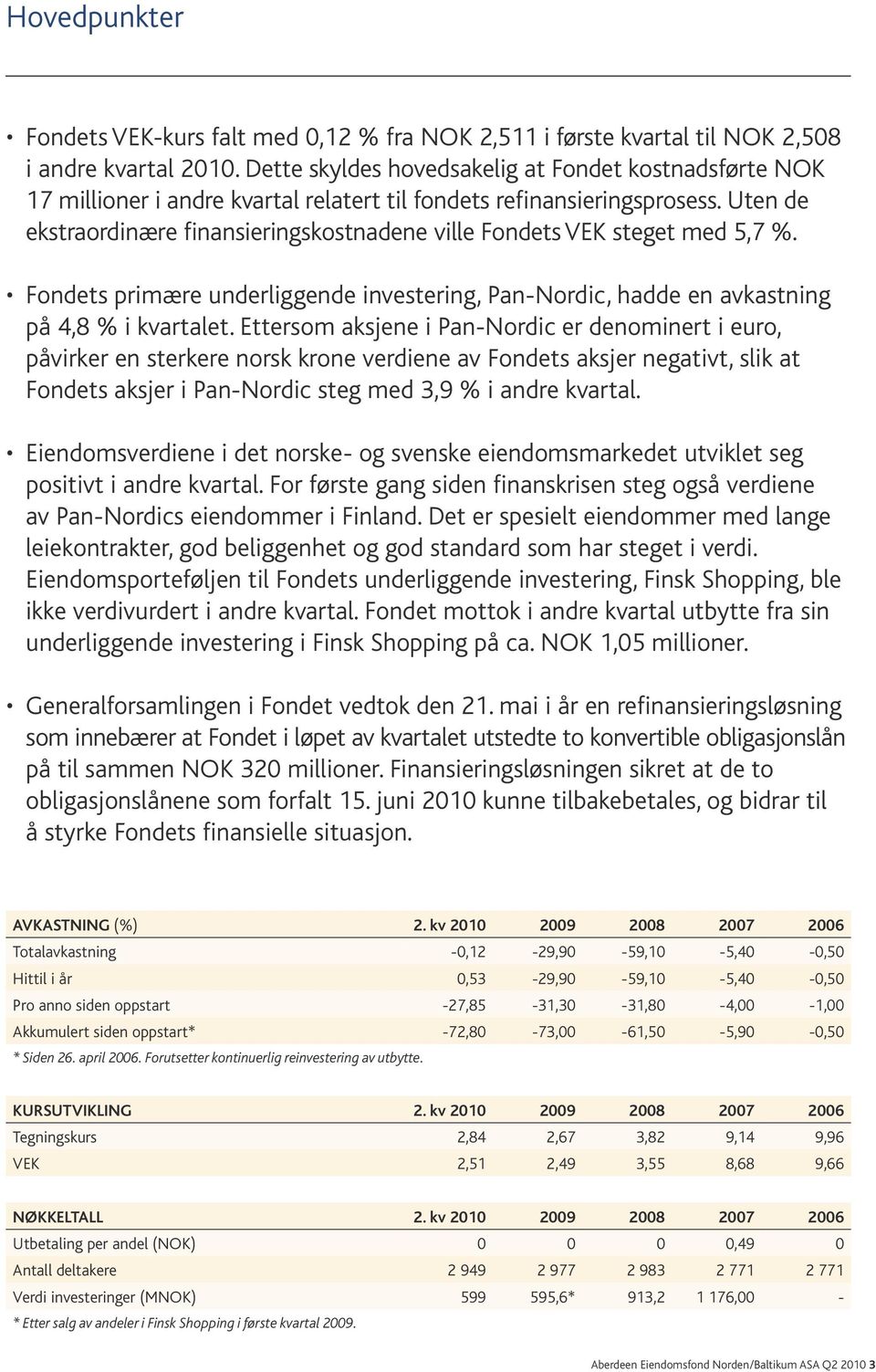 Uten de ekstraordinære finansieringskostnadene ville Fondets VEK steget med 5,7 %. Fondets primære underliggende investering, Pan-Nordic, hadde en avkastning på 4,8 % i kvartalet.