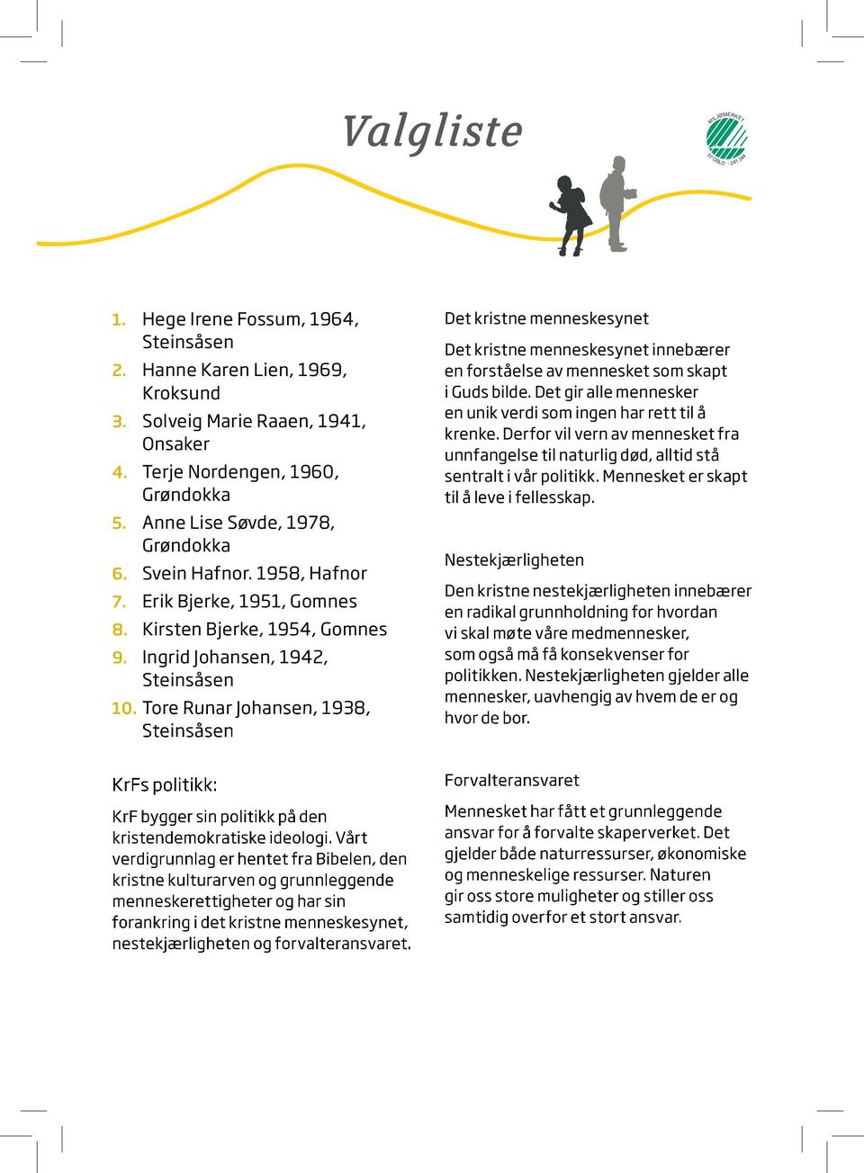 Tore Runar Johansen, 1938, Steinsåsen KrFs politikk: KrF bygger sin politikk på den kristendemokratiske ideologi.