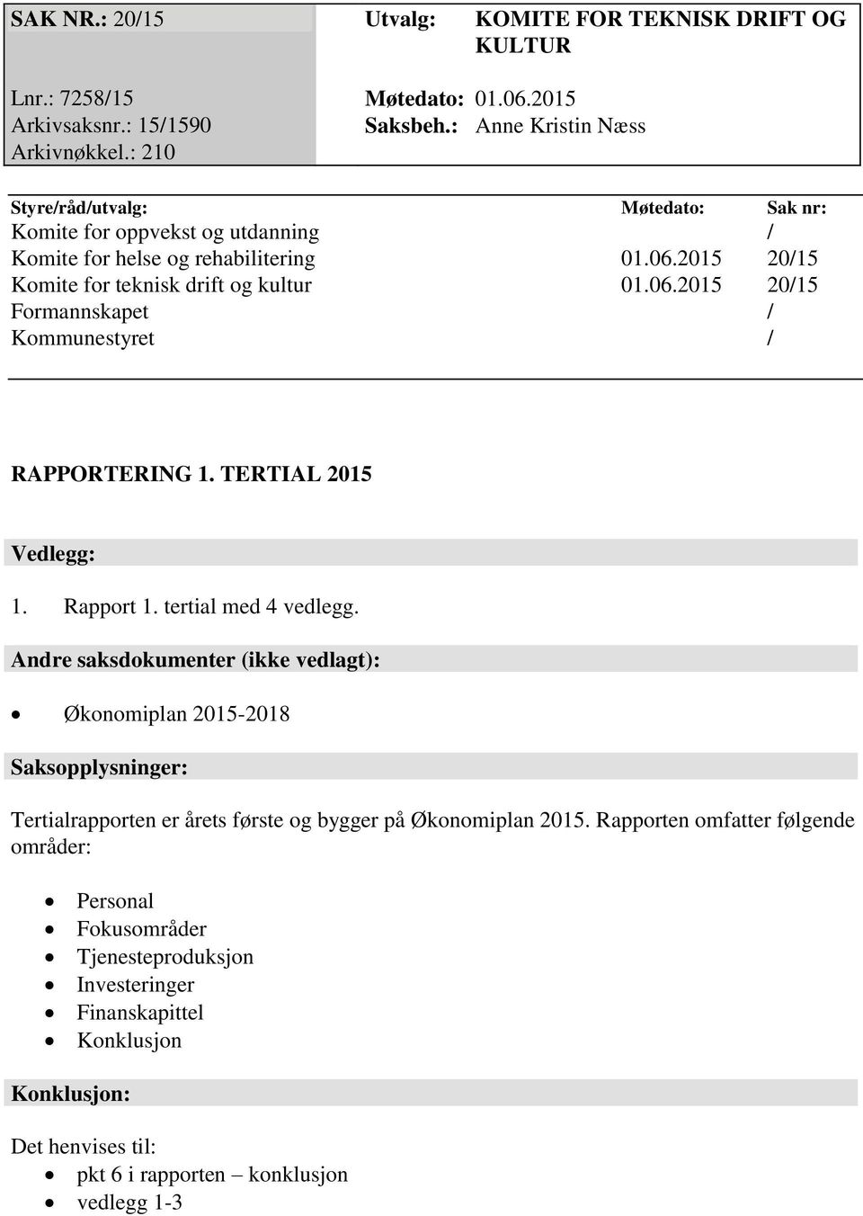 TERTIAL 2015 Vedlegg: 1. Rapport 1. tertial med 4 vedlegg.