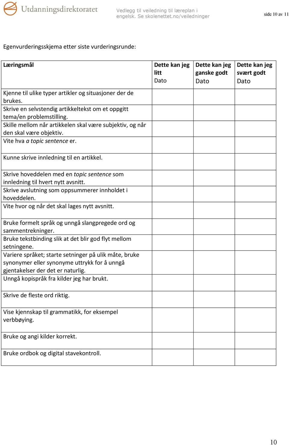 Kunne skrive innledning til en artikkel. Skrive hoveddelen med en topic sentence som innledning til hvert nytt avsnitt. Skrive avslutning som oppsummerer innholdet i hoveddelen.