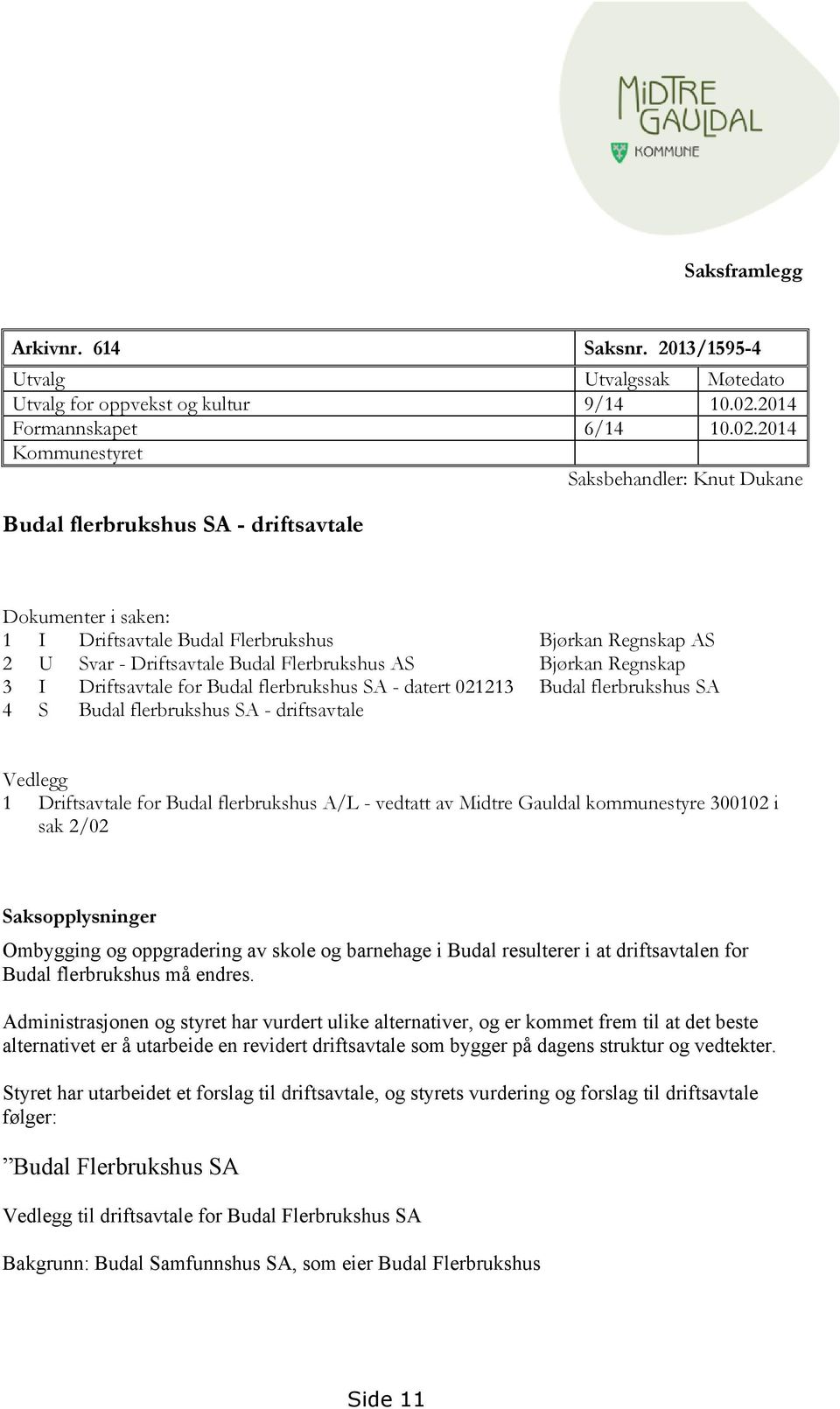 2014 Kommunestyret Saksbehandler: Knut Dukane Budal flerbrukshus SA - driftsavtale Dokumenter i saken: 1 I Driftsavtale Budal Flerbrukshus Bjørkan Regnskap AS 2 U Svar - Driftsavtale Budal