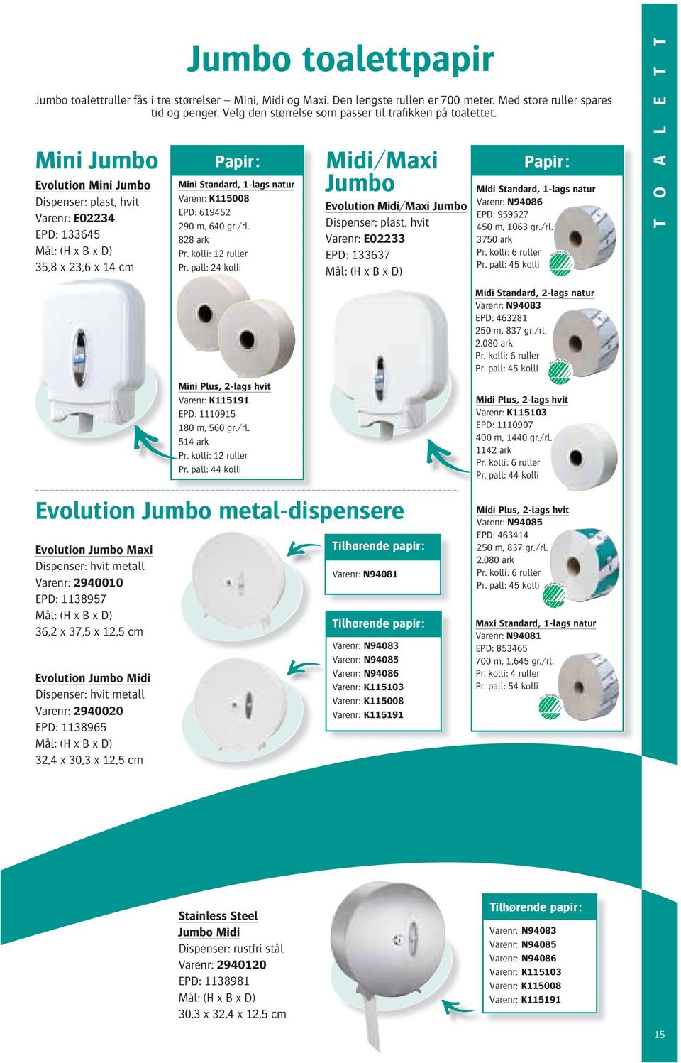 Mini Jumbo Evolution Jumbo Maxi Dispenser: hvit metall Varenr: 2940010 EPD: 1138957 36,2 x 37,5 x 12,5 cm Evolution Jumbo Midi Dispenser: hvit metall Varenr: 2940020 EPD: 1138965 32,4 x 30,3 x 12,5