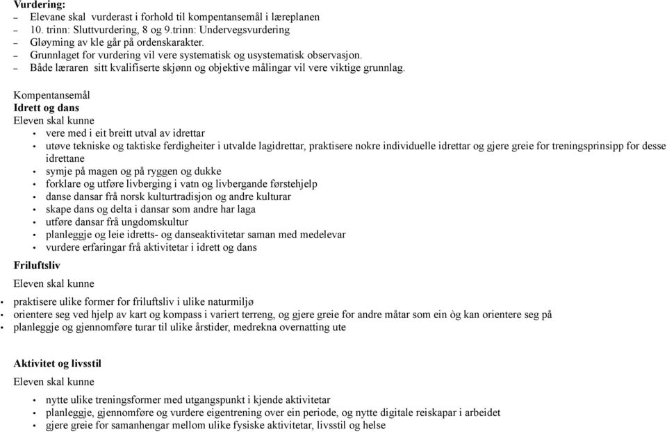 Kompentansemål Idrett og dans Eleven skal kunne, praktisere nokre desse idrettane symje på magen og på ryggen og dukke forklare og utføre livberging i vatn og livbergande førstehjelp danse dansar frå