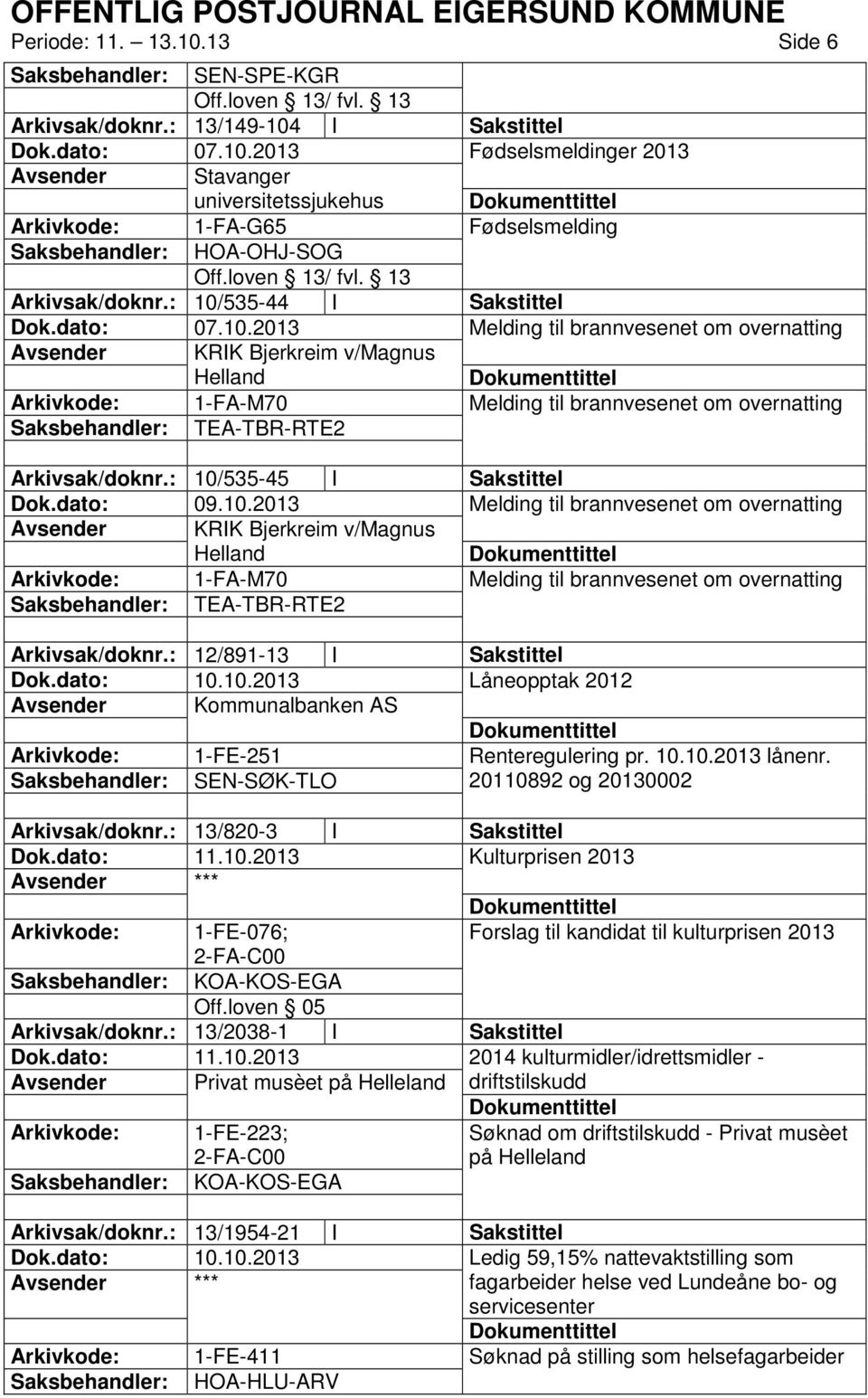 : 10/535-45 I Sakstittel Dok.dato: 09.10.2013 Melding til brannvesenet om overnatting Avsender KRIK Bjerkreim v/magnus Helland Arkivkode: 1-FA-M70 Melding til brannvesenet om overnatting Saksbehandler: TEA-TBR-RTE2 Arkivsak/doknr.